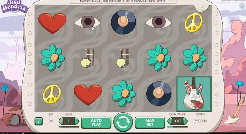 Jimi Hendrix slot gameplay in the flower-power respin style