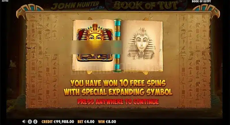 John Hunter Book of Tut free spins with expanding symbol