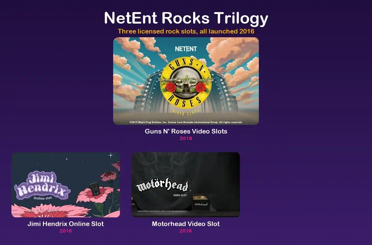 All three NetEnt Rocks slots side by side: Guns N’ Roses, Jimi Hendrix and Motorhead