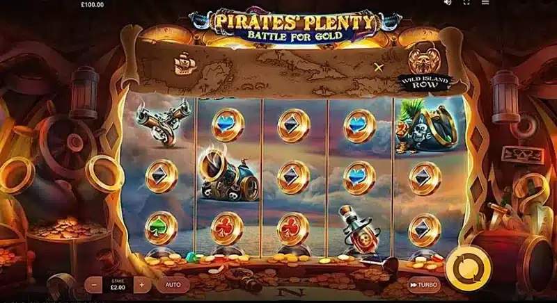 Pirates' Plenty Battle for Gold base game in play - the 5x4 deck with the Wild Island Row map