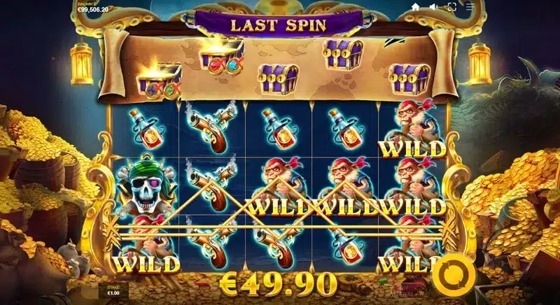 Pirates' Plenty Treasures of the Seas Treasure Spins in play - locked wilds lining up a 49.90 win