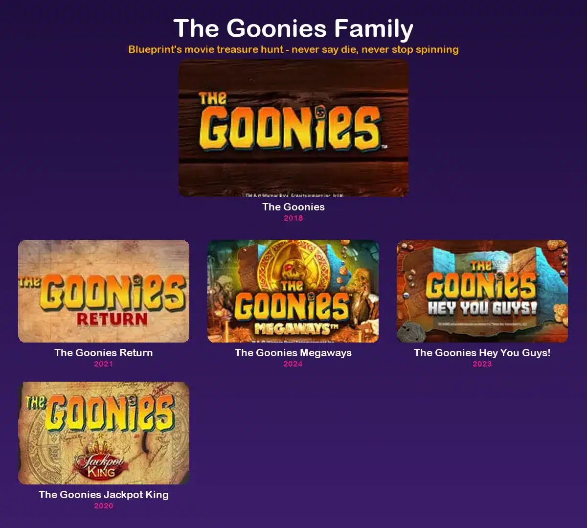 All the slots like The Goonies, one film and eight years of sequels