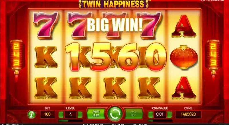 Twin Happiness slot gameplay with a big win on the lantern-lit reels