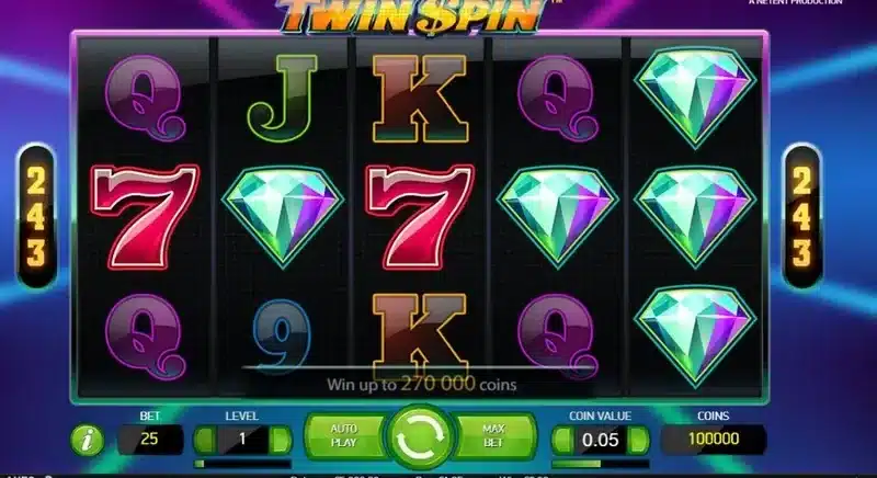 Twin Spin slot gameplay with linked twin reels of diamonds