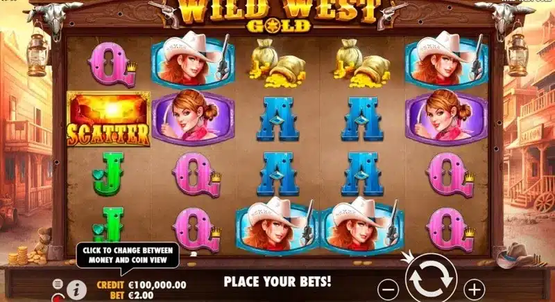 Wild West Gold base game in play - the 5x4, 40-line saloon grid with a scatter on reel one