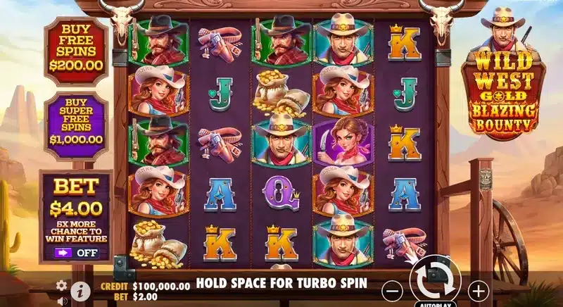 Wild West Gold Blazing Bounty in play - the 5x5 cluster grid with ante bet and buy panels