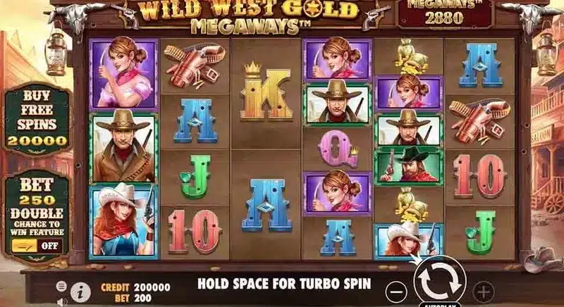 Wild West Gold Megaways base game in play - 2,880 ways on this spin of the six-reel grid